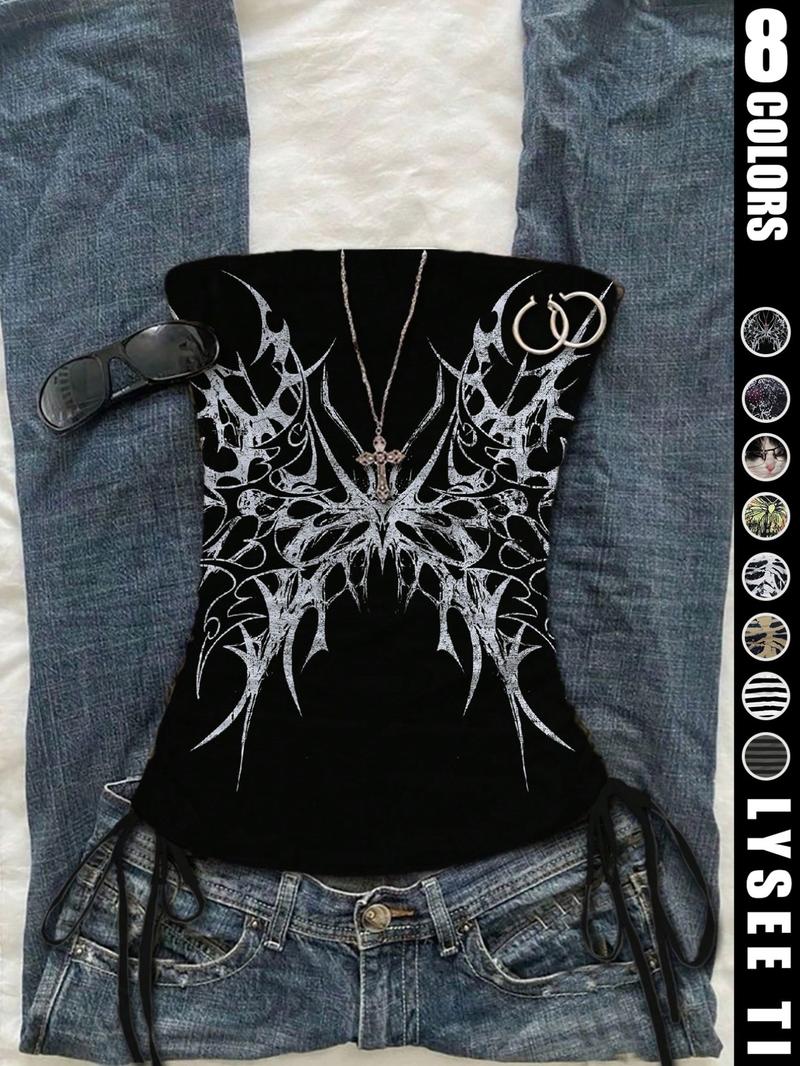 Casual vacation style striped printed fashionable women's drawstring side tie strapless vest