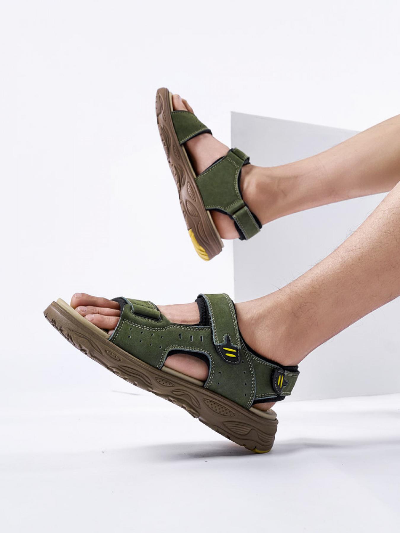 Men's Dark Gray Velcro Outdoor Sandals Breathable Non-Slip Beach Shoes Soft Sole Wear-Resistant Hiking Sandals