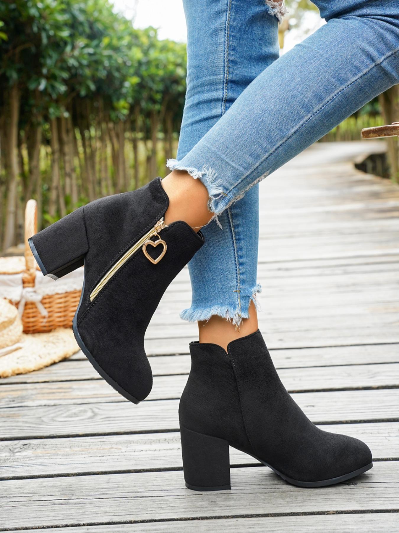 Women's Velvet Heart Zipper Chunky Heel Short Boots, Metal Heart Zipper, Faux Leather, Square Heel, Perfect for Sweet Office Style, Spring Fall