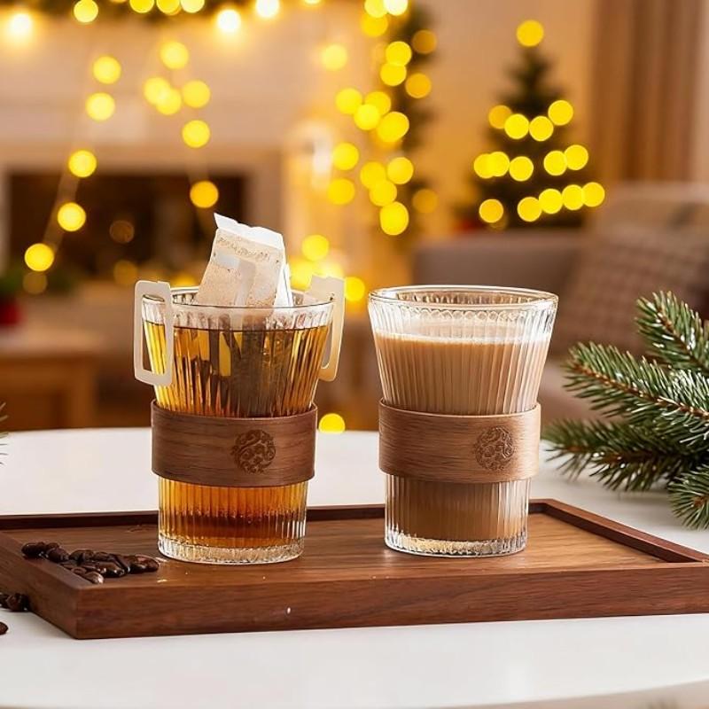 2pcs 320ML Glass Coffee Cups with Bamboo Sleeve, Espresso Drinking Set, Home Essential Glassware, Clear Cups for Beer, Cocktail, Tea, Latte