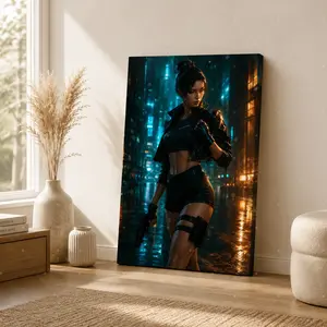 Cyberpunk Female Assassin in Rainy Neon City Vertical Canvas Wall Art, Futuristic  Poster, Home Decor for Bedroom Living Room Gaming Space, Available as Unframed Canvas Poster or Framed Canvas Wrap