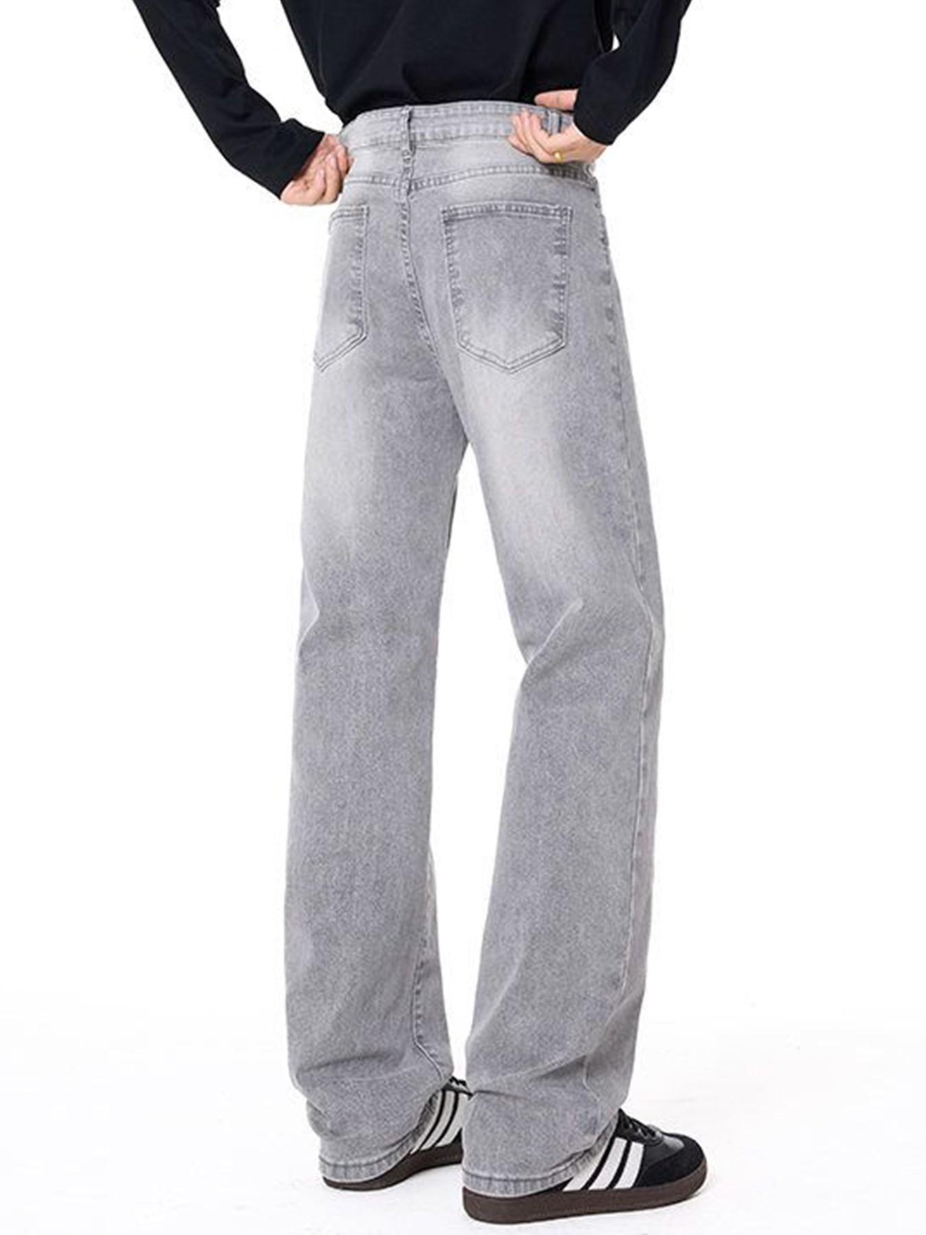 Men’s Light Gray Washed Jacquard Jeans, Loose Straight Leg Relaxed Fit Denim Pants for Casual Y2K Streetwear