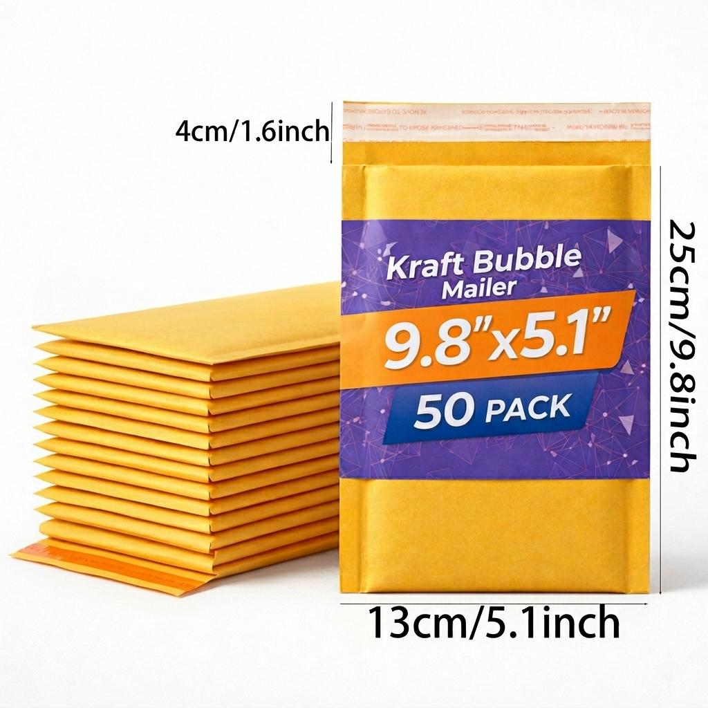 50/100 Pack 5.1x9.8 Inch Bubble Mailers - Heavy Duty Padded Mailing Envelopes with Self-Sealing Strip, Waterproof Poly Bags for Small Business Shipping & Daily Packaging