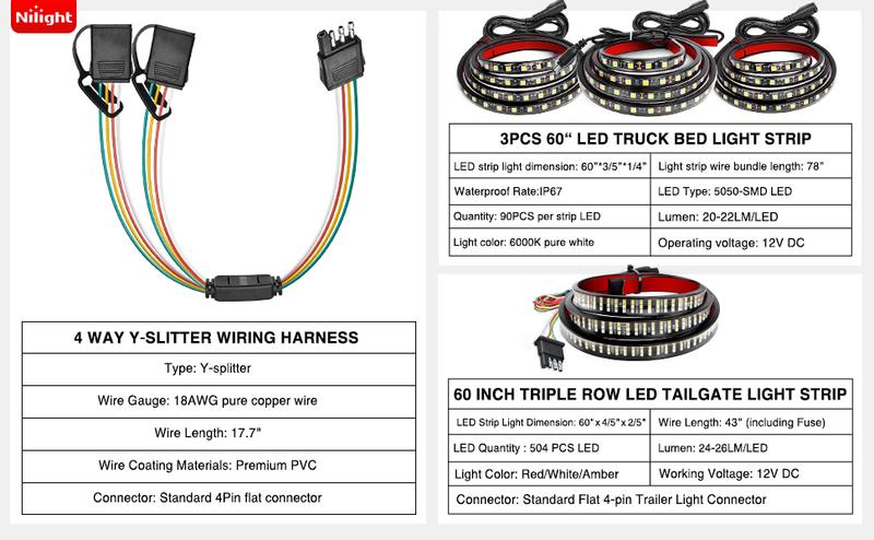 Nilight 3PCS 60 Inch Truck Bed Light Strip Bundle with Tailgate Bar 60" Triple Row 504 LED Strip 4 Way Flat Trailer Y-Splitter Extension Harness for Cargo Pickup Truck SUV RV Boat  dealsforyoudays