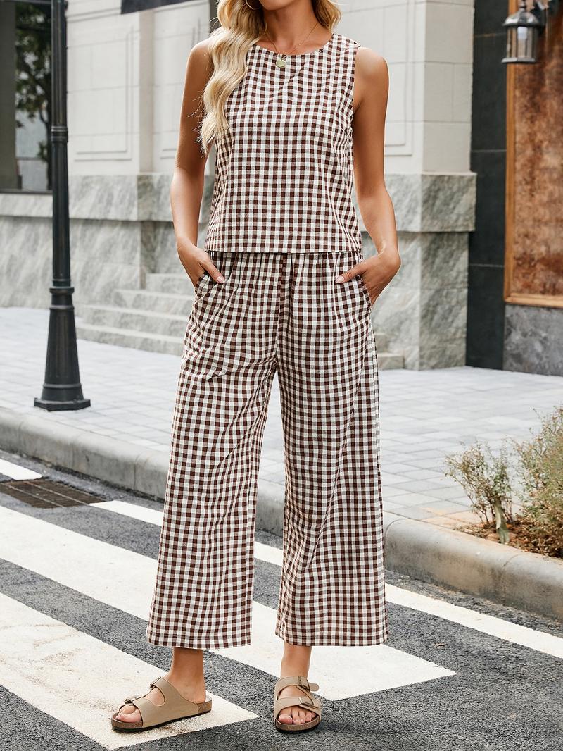 Women's Summer Plaid Vest Set, Elastic Waist Pocket Wide Leg Pants, Casual Comfortable Beach Vacation, Daily Wear, Casual Fashion Set Women's Summer Plaid Vest Set, Elastic Waist Pocket Wide Leg Pants, Casual Comfortable Beach Vacation, Daily Wear, Casual Fashion Set