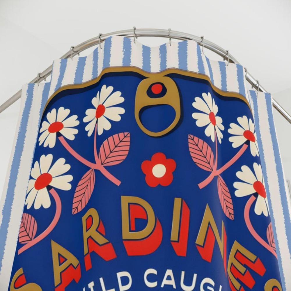 Tinned Fish Shower Curtain Sardine Bathroom Decor Bold Colorful Nautical Theme Coastal Ocean Lover Gift Funky Retro Sea Life Bath Decor