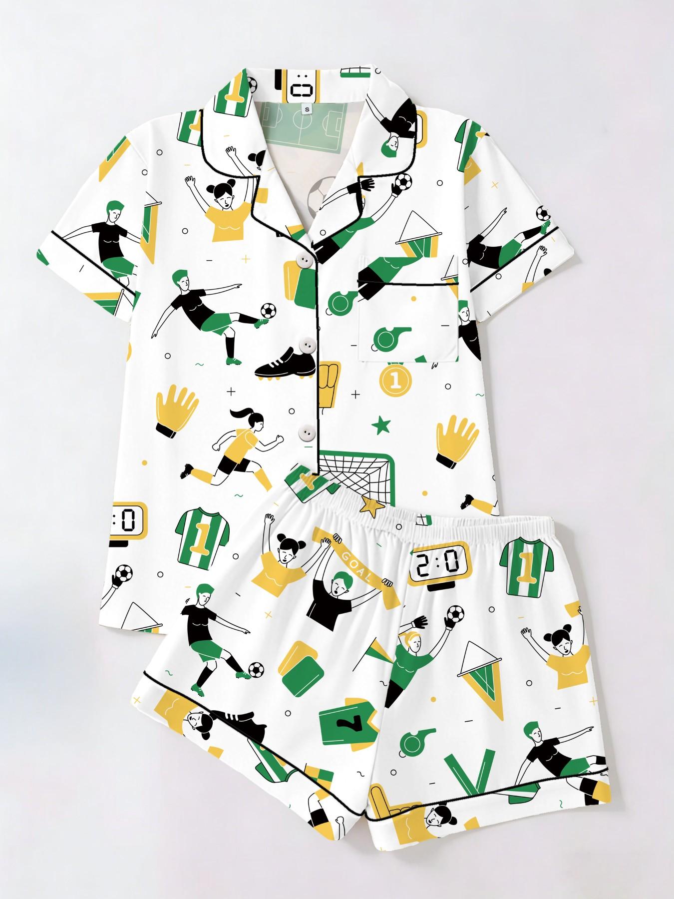 Women's Short Sleeve Button Down Top and Shorts Pajama Set, Spring Summer Wear, For Soccer Football Fans, White Base Yellow Green Soccer Game Print, Classic Lapel Collar, Loose Fit, Comfortable For Home & Game Nights