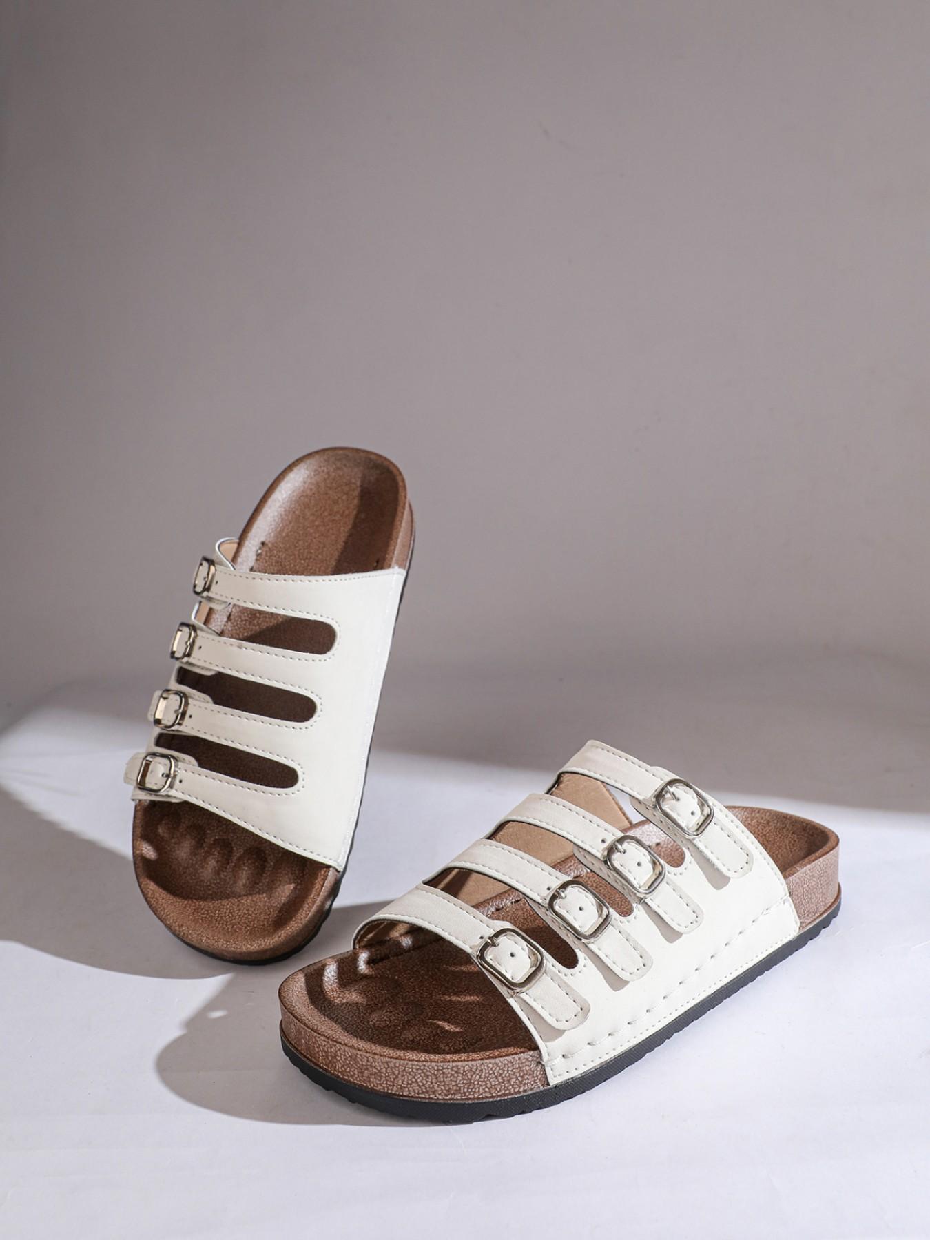 Plus Size Women's 4 Straps Buckle Cork Footbed Slides, Non-slip Open Toe Flat Sandals, Comfortable Summer Casual Shoes for Outdoor, Beach, Walking