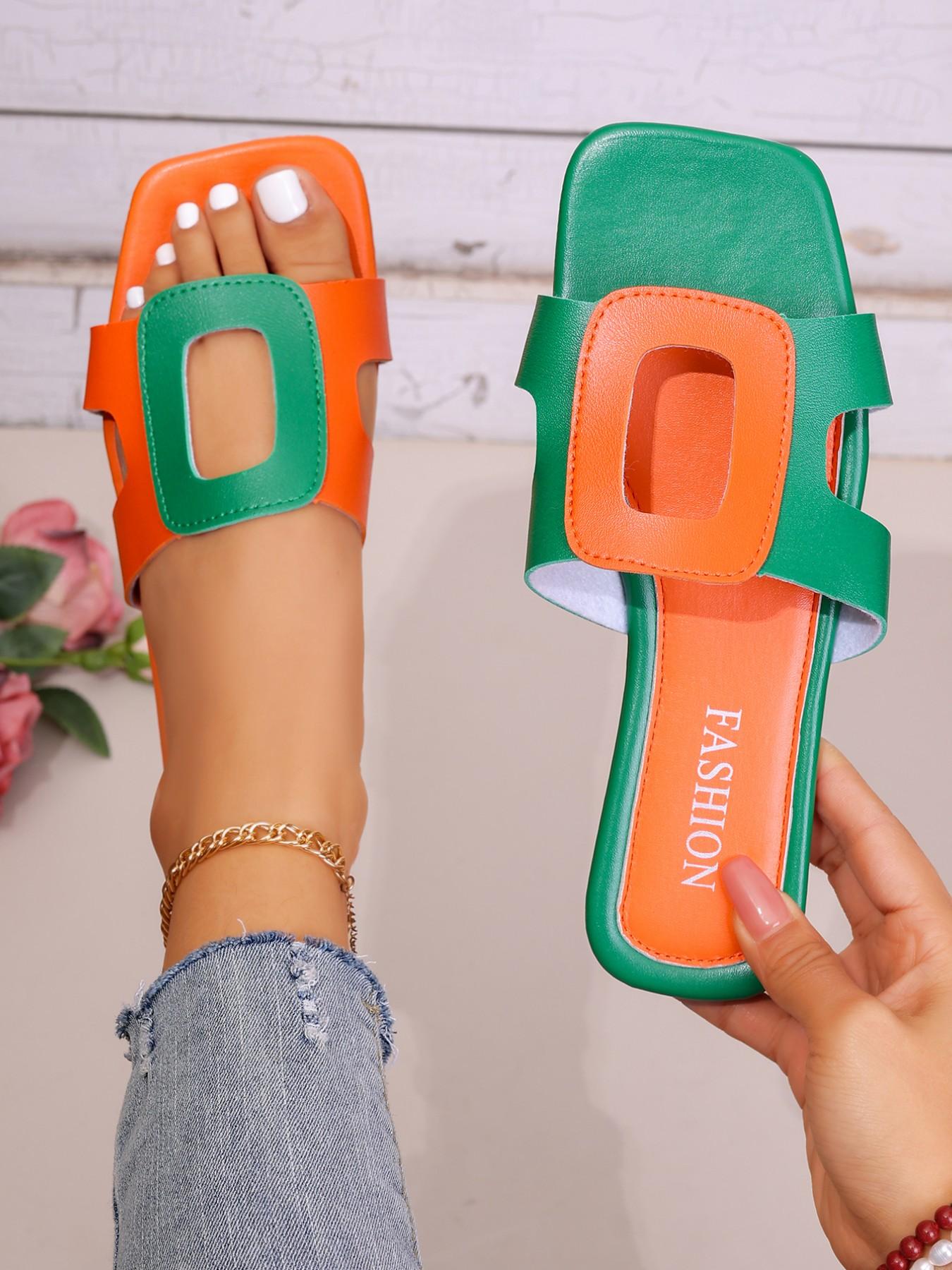 Orange-green contrast square head flat bottom dopamine wind French wind hollow square buckle design ladies sandals vitality orange-green collision dopamine bright square buckle hollow exquisite French romance suitable for holiday dating street shooting.