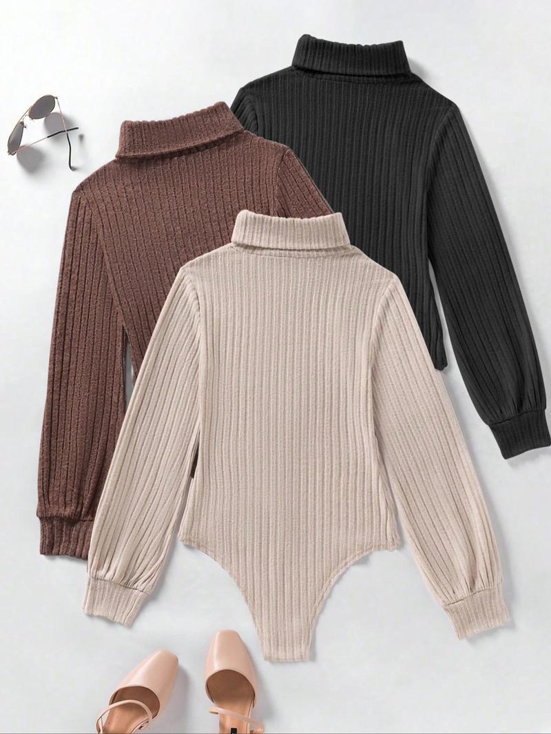 Women's Fall Winter 3-Piece Set, Fashionable Slim Fit Ribbed High Neck Fleece Lined Long Sleeve Bodysuit, Comfortable Underwear