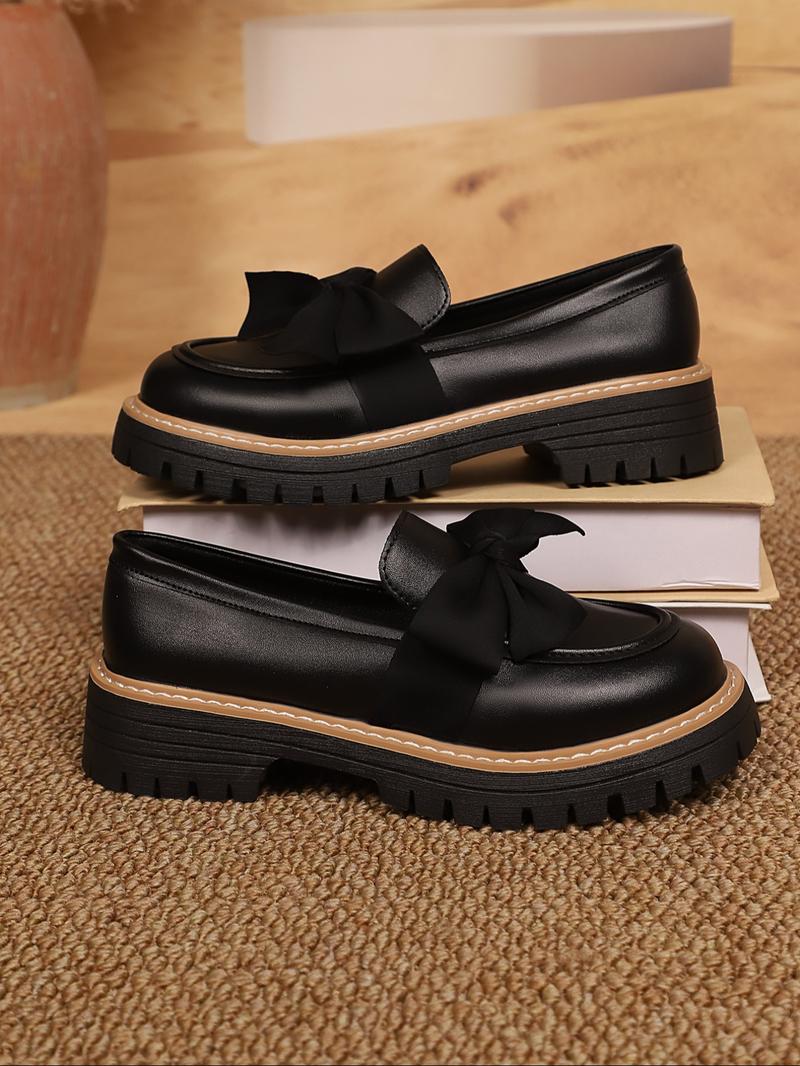 Affordable American Retro Style Women's Leather Shoes - Autumn New Thick-Soled Bowknot Design, Suitable for Matching Skirts, Mary Jane Loafers (Single-Sole)