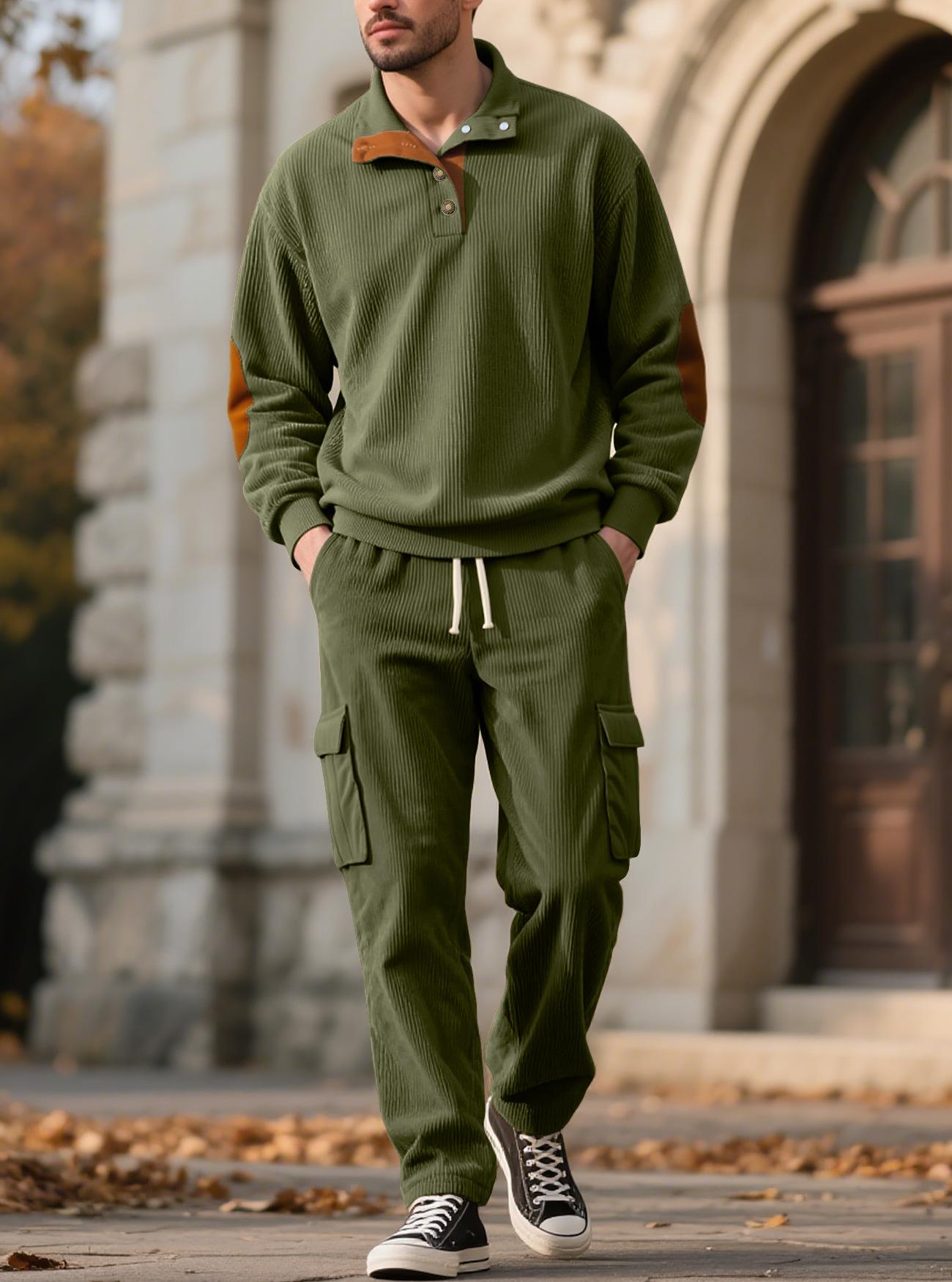 Men's Casual Sporty Corduroy Two-Piece Set (Long-Sleeve Collared Top & Loose-Fit Utility Pants) – Euro-American Style