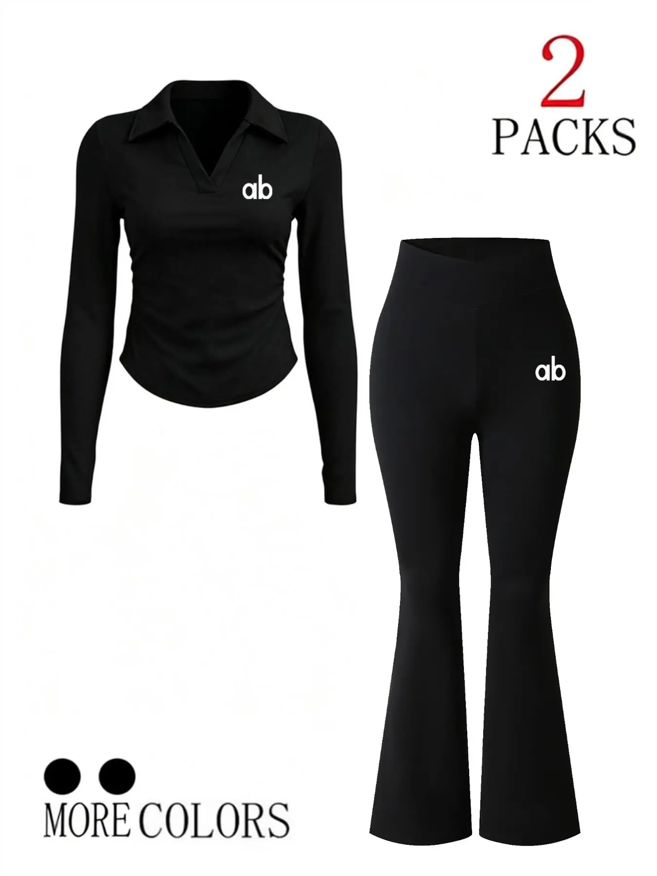 Women's Casual Letter Print Polo Set, Fitted Long Sleeve Top + High Waist Flare Pants, Two-Piece, Multiple Colors Available