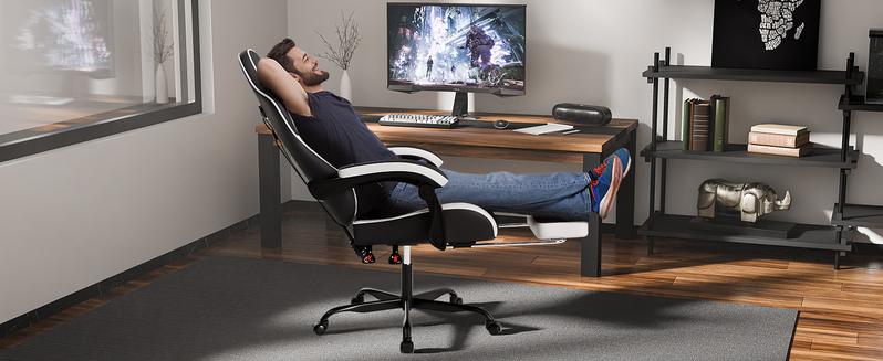 SUIKDA Ergonomic Gaming Chair with 360° Swivel and Footrest PU Leather Office Chair Features Memory Foam Headrest and Lumbar Support to Relieve Back Pain