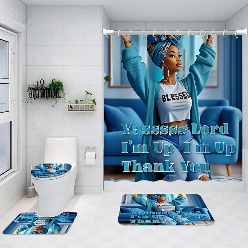 4PC Beautiful Girl Summer Unique Elegant Polyester Cloth With 12 Hooks Shower Curtain For Bathrooms Waterproof Quick Drying Machine Washable Home Bathroom Decor Shower Curtain Sets for Bathroom