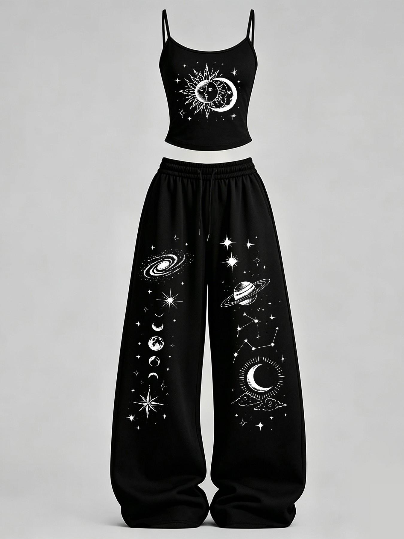 Women's Casual Tank Top Set, Sun Moon Star Print Slim Fit Vest + Loose Pants, Y2K Street Style, Daily Wear, Home Leisure, Clothes Women's Casual Tank Top Set, Sun Moon Star Print Slim Fit Vest + Loose Pants, Y2K Street Style, Daily Wear, Home Leisure, Clothes