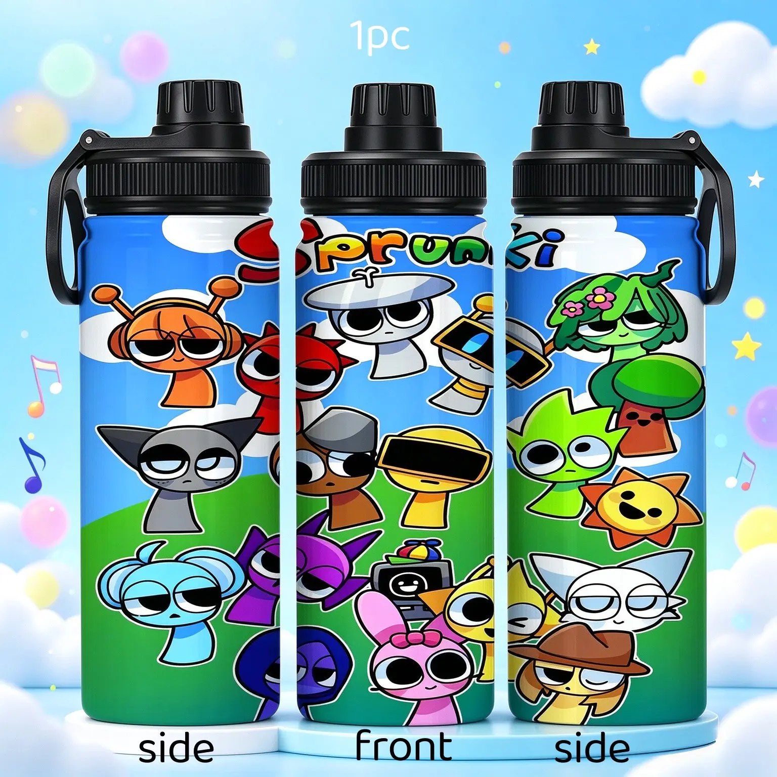 1pc 20oz Sprunki Game Character Insulated Water Bottle, 304 Stainless Steel, Portable Carry Handle, Leak-Proof Straight Drinking Lid, Drinkware for School, Car, Camping, Gym & Outdoor, Christmas New Year Birthday Gift for  Fans