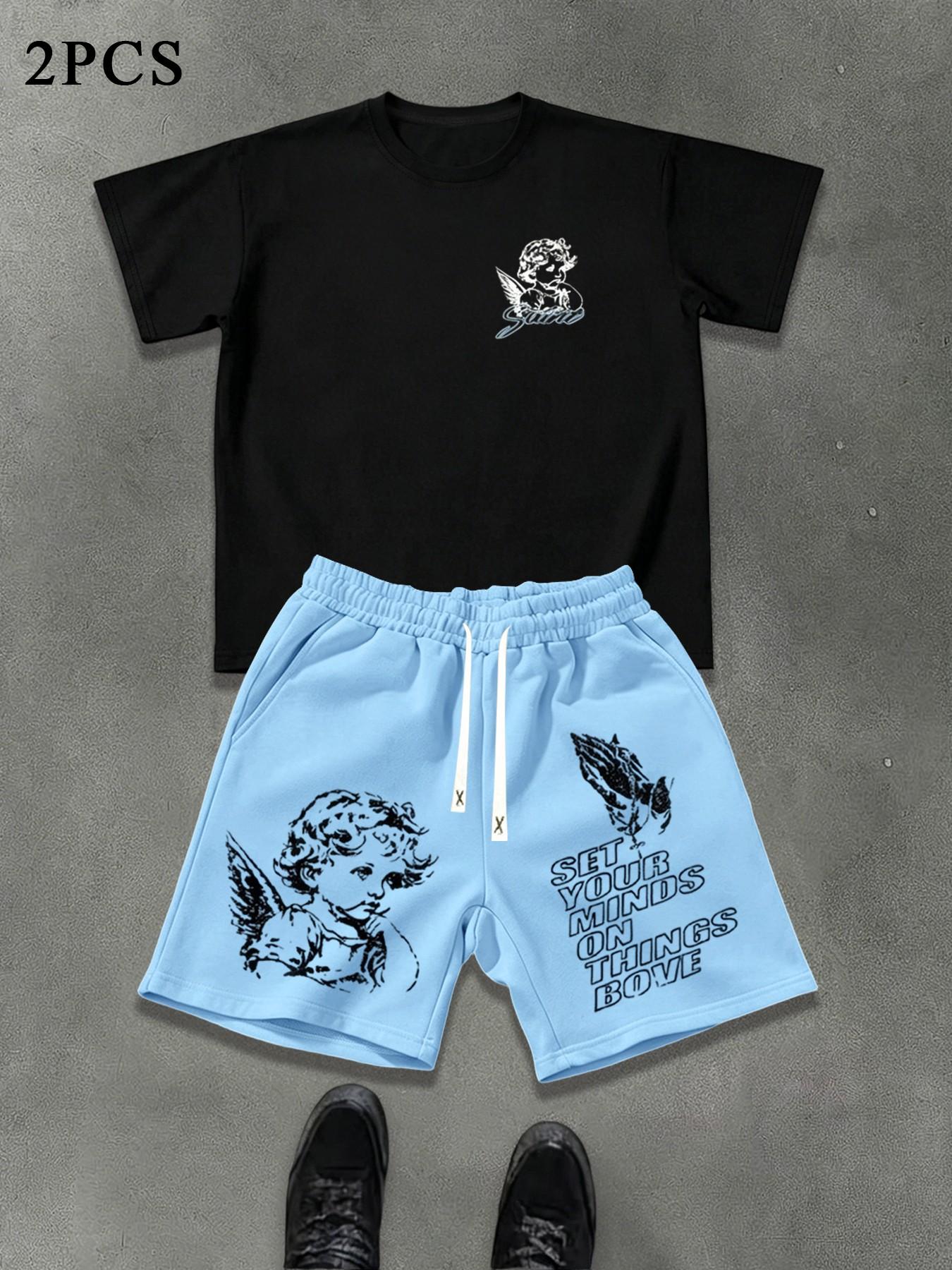 Men's Summer Angel Print 2-Piece Outfit Set, Matching Sets, Round Neck Casual Short Sleeve Top and Loose Drawstring Shorts, Ideal for Outdoor Activities and Streetwear Clothes