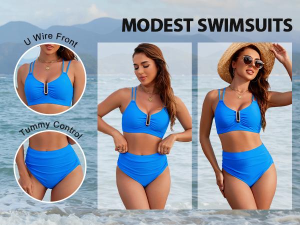 BMJL High Waisted Cutout Crisscross Ruched Womens Modest Tummy Control Two Piece Bikini Sets Full Coverage Swimsuits