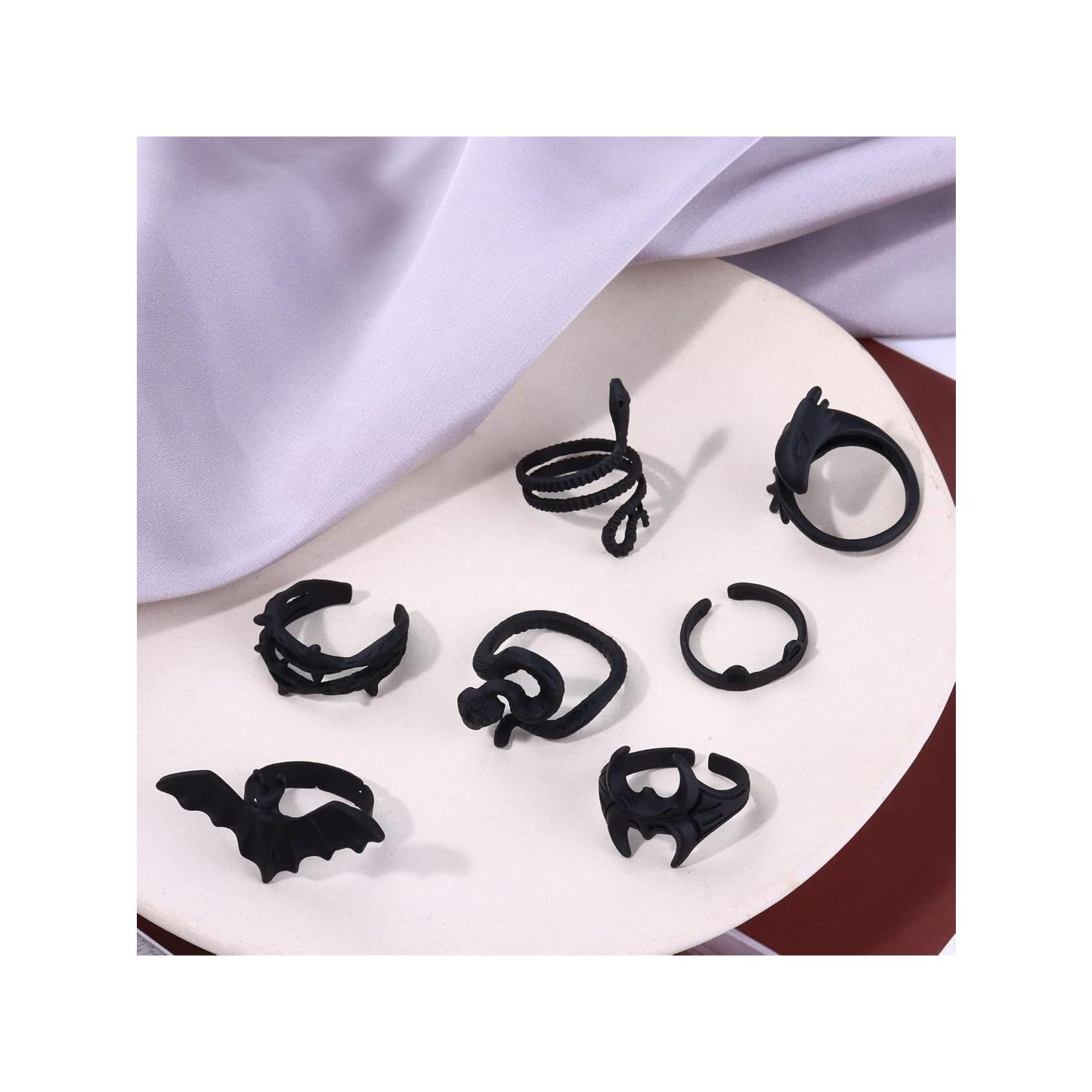 15 Pcs Black Rings Set for Women Girls Snake Bat Devil Wing Spider Rose Cool Punk Gothic Rings Stacking Vintage Midi Black Adjustable Rings