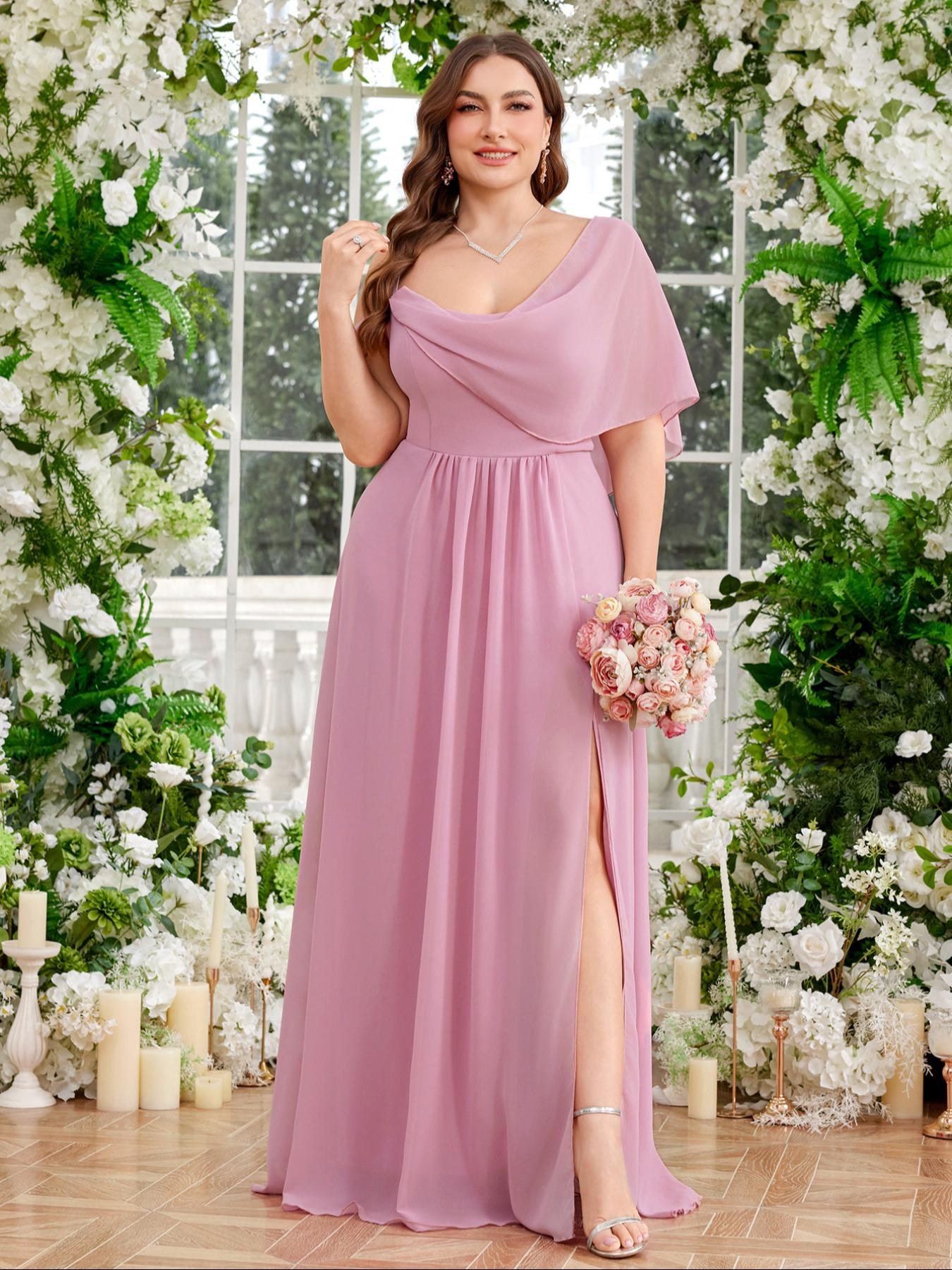 Elegant Plus Size Women's Formal Maxi Dress with High Slit Design, Recycled  Fabric, Draped Neckline, Waist Cinching, Bridesmaid Gown, Formal Wear, Fit  - TikTok Shop