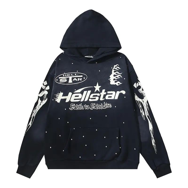 Hell Star Washed Distressed Towel Fabric High Street Hooded Sweatshirt, Unisex Jacket
