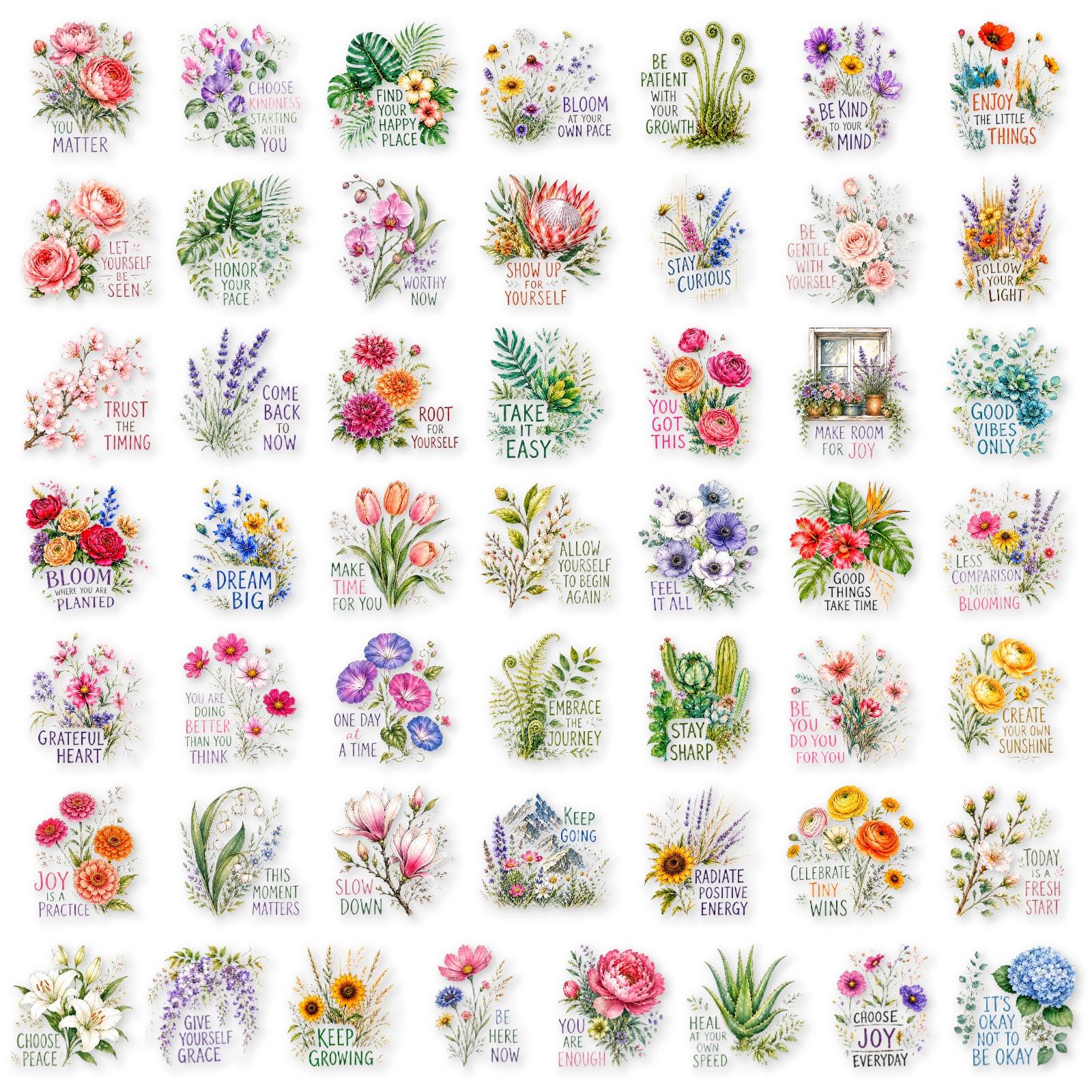 50Pcs Clear PET Watercolor Floral Positive Quote Stickers, Aesthetic Transparent Decorative Stickers, Planner Accessories, Office Products, Back To School Stationery for Journal Scrapbook Notebook