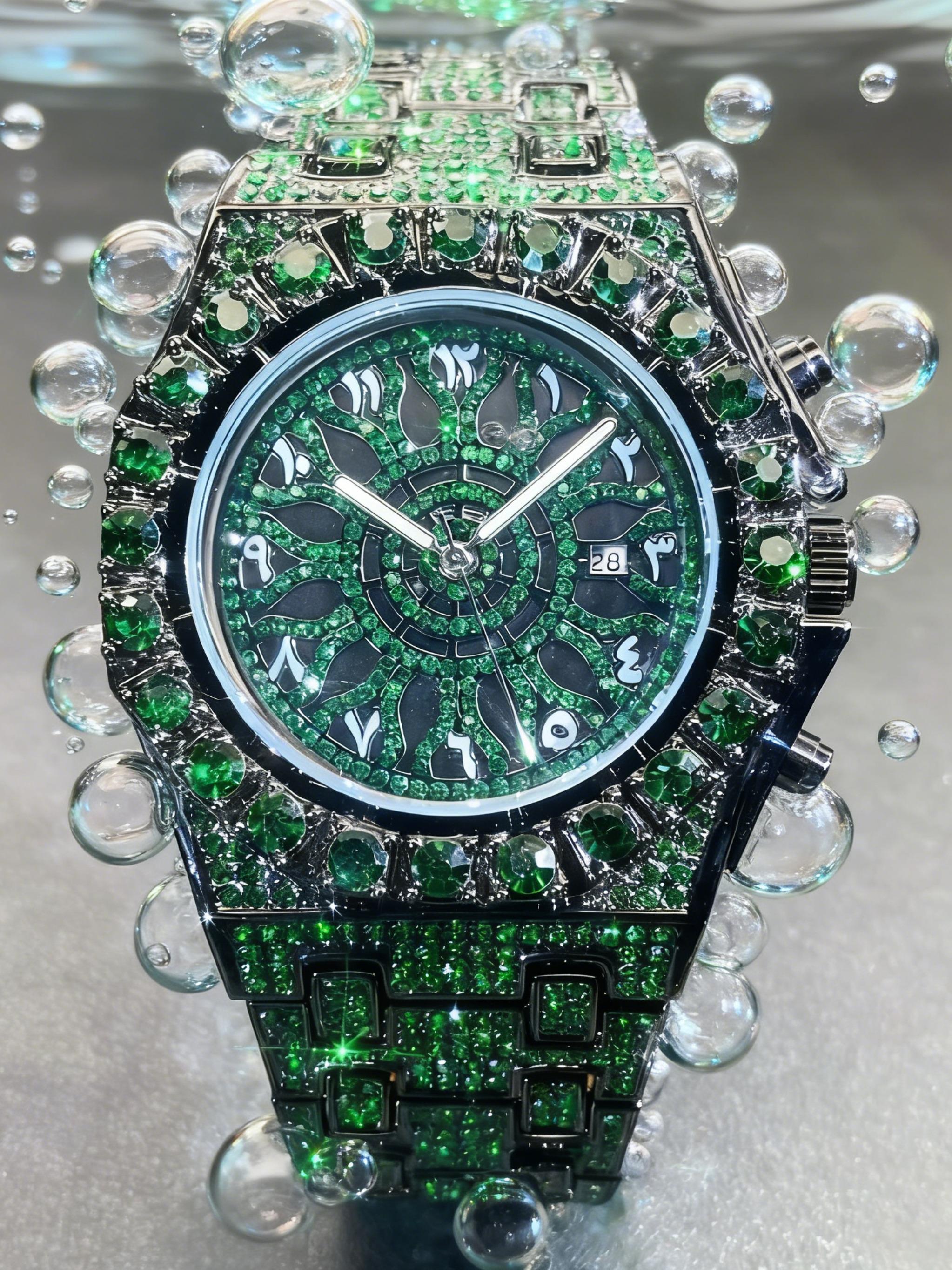 Men's Quartz Watch with Rhinestones, Luxury Ice-Dial Hip-Hop Watch with Full Artificial Water Diamonds, Rhinestone Decorated Watch, Fashionable Stylish Watch