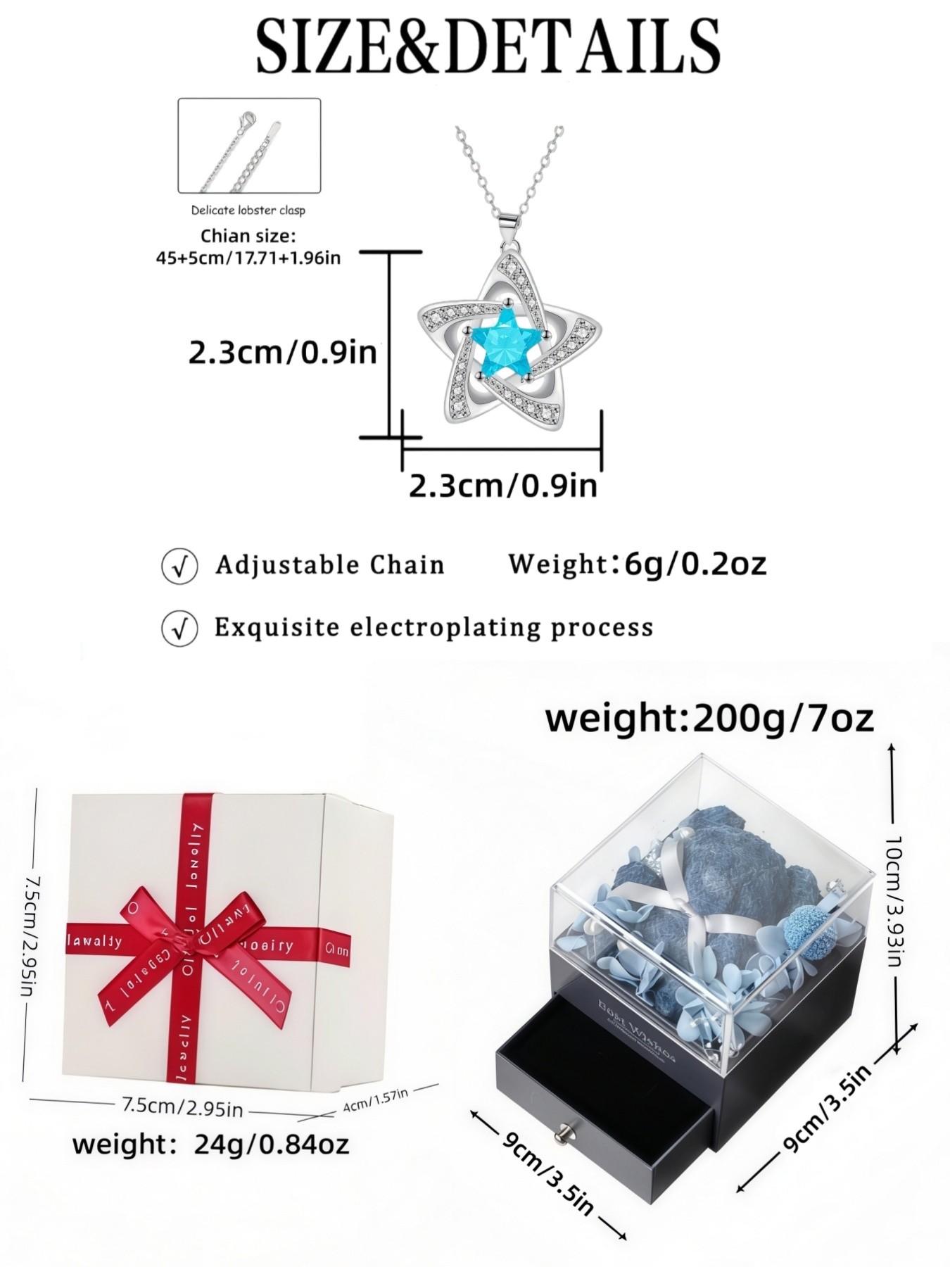 "Blue Diamond Stardust" — Elegant blue pentagram sapphire necklace with preserved rose & eco-friendly moss teddy bear gift box. A perfect mysterious gift for festivals, dates, birthdays for wives or daughters, and Valentine's Day.