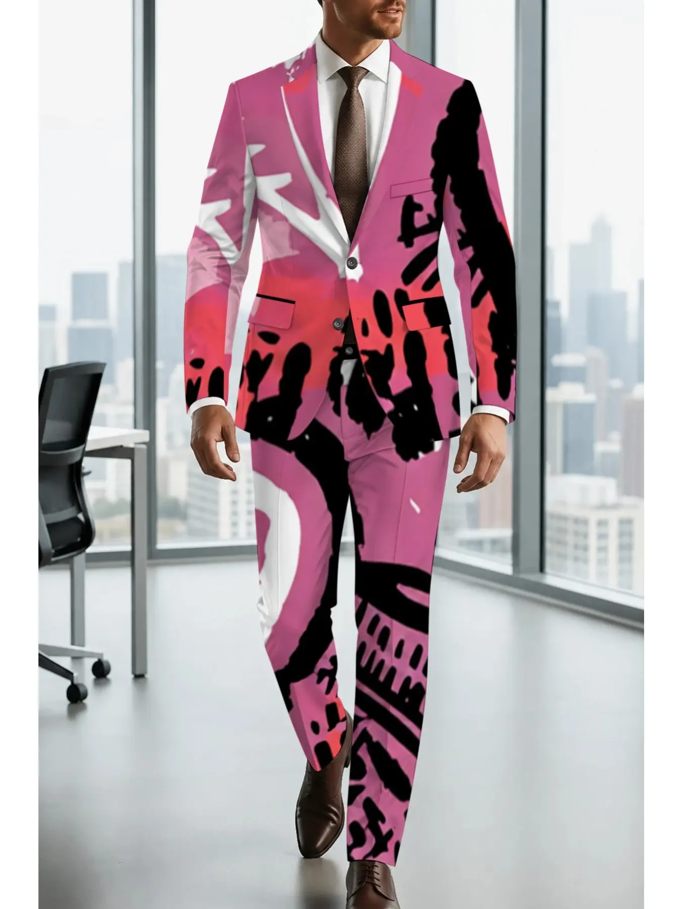 Men's Graffiti Abstract Art Print Suit Set, Trendy Contrast Graffiti Full Print Slim Fit Blazer Pants, Street Style Party