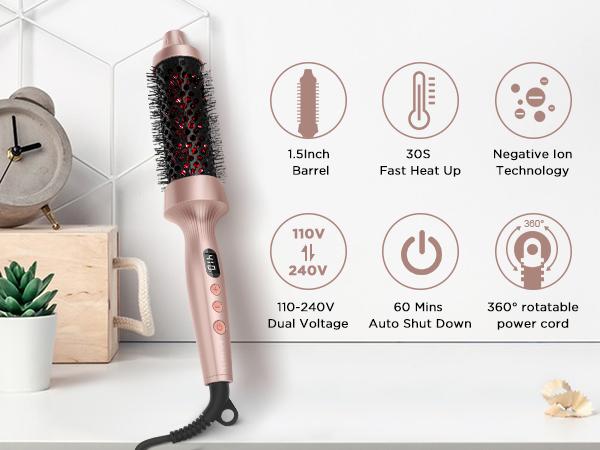 【UPGRADE】1.5 Inch Thermal Curling Brush – Smooth Blowout & Long-Lasting Waves with Negative Ionic Technology, Dual Voltage，Heated Round Brush for Smooth Style & Natural Waves，Easy to Use Valentine's Day Gift Idear for Women Hair Styling Kit