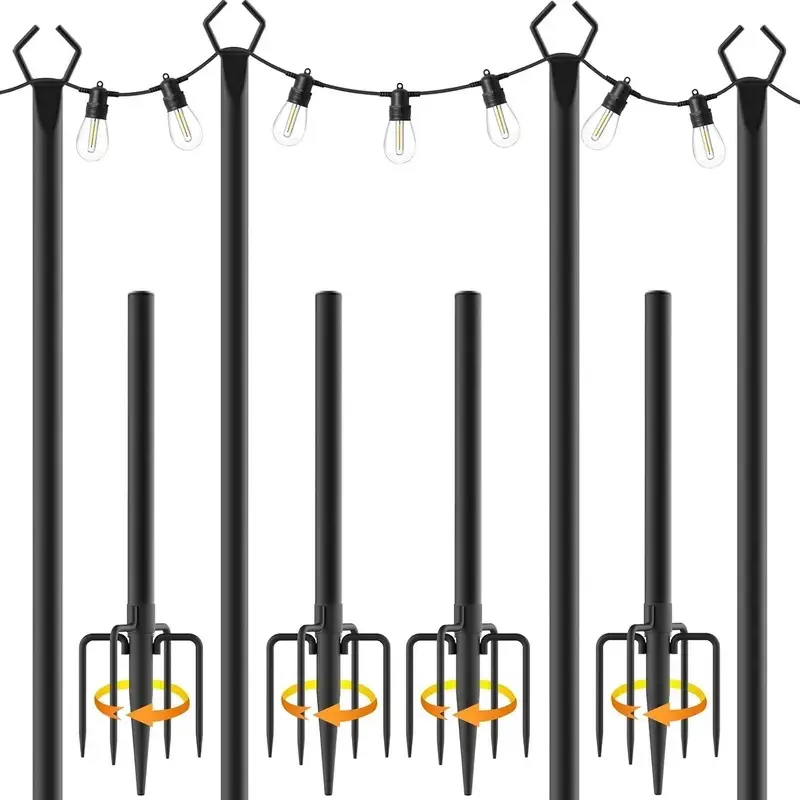 Outdoor String Light Poles 4-Pack 10 ft Metal Light Stands with Fence Brackets - Heavy-Duty Hanging Lighting Supports for Deck Patio Backyard, Fence Mount & Portable Outdoor Entertaining