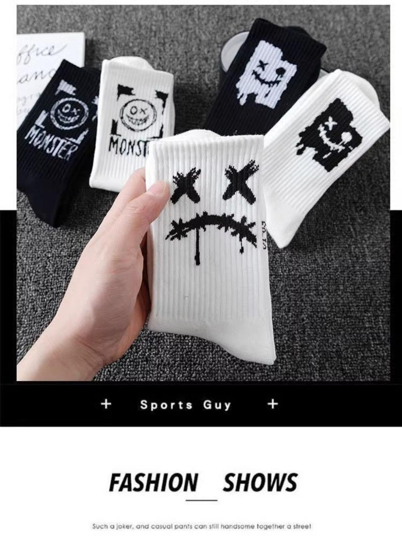 10 Pairs Ghost Face Graffiti Prints Long Socks, Trendy Basketball Sports Mid-Calf Socks, Random Style, All Seasons Fashion, Casual Daily Socks