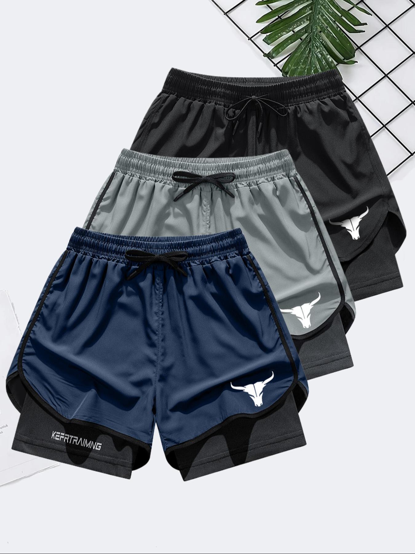 Men's Letter & Bull Head Print 2 in 1 Double Layer Drawstring Waist Gym Shorts, Regular Fit Casual Comfortable Breathable Quick Drying Anti Exposure Pocket Shorts for Gym Workout Running, Men's Bottoms for Summer SpringStatements