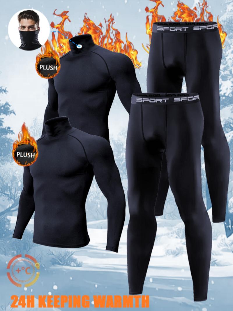 4PCS Men's Thermal Base Layer Set – Ultra High Collar Compression Tops & Pants, Tech Fleece Lined Warm Athletic Underwear for Winter Training, Skiing, Running, and Outdoor Activities