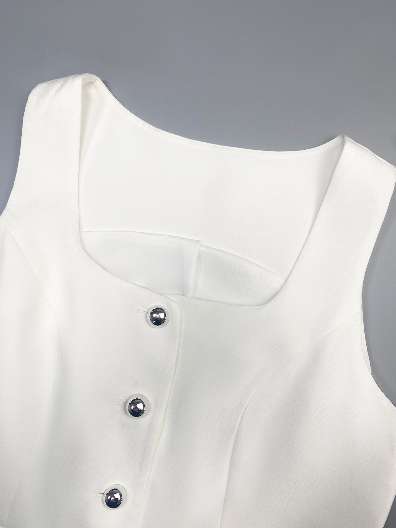 Women's Two-Piece Set Sleeveless Buttoned Blazer Vest + Mini Skirt, Square Neck Waist Belt Pocket Backless Suit, Elegant Office Casual Party Commute, Loose Fit Summer