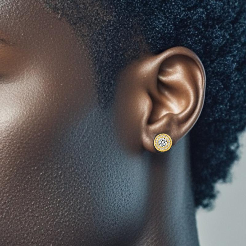 Delzzad 18k Gold-Plated Hip Hop Iced Out Halo Stud Earrings Round Synthetic Moissanite Earrings S925 Studs For Men Women Birthday Anniversary Mother's Day Christmas Gifts