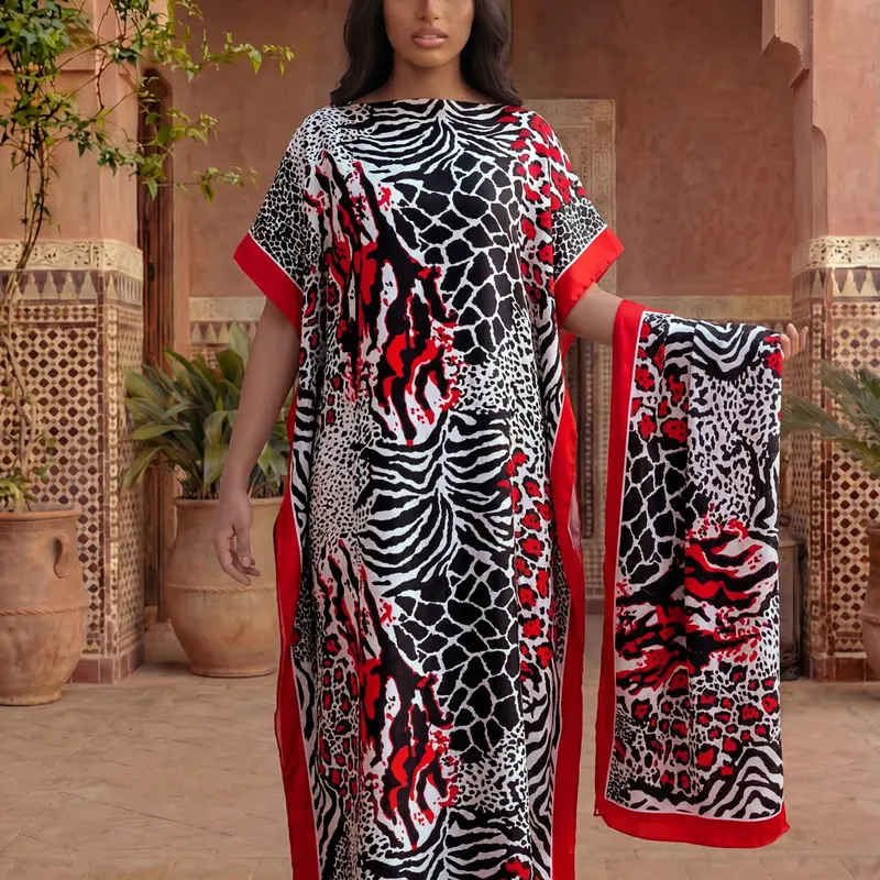 Elegant Leopard Print Two-Piece Set, Casual Cover-Up Dress & Silk Scarf Set, Sun Protection Matching Set for Beach, Fashion All-Season Accessory, Beach Cover Ups