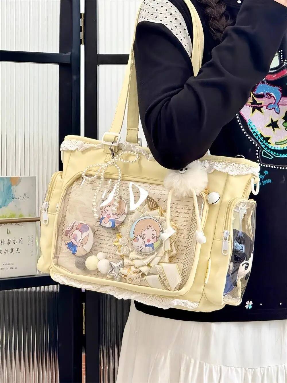 New Nylon/Polyester Ita Bag for Lolita Girls - Transparent Large-Capacity Shoulder Tote, Crossbody, DIY Display Casual Handbag