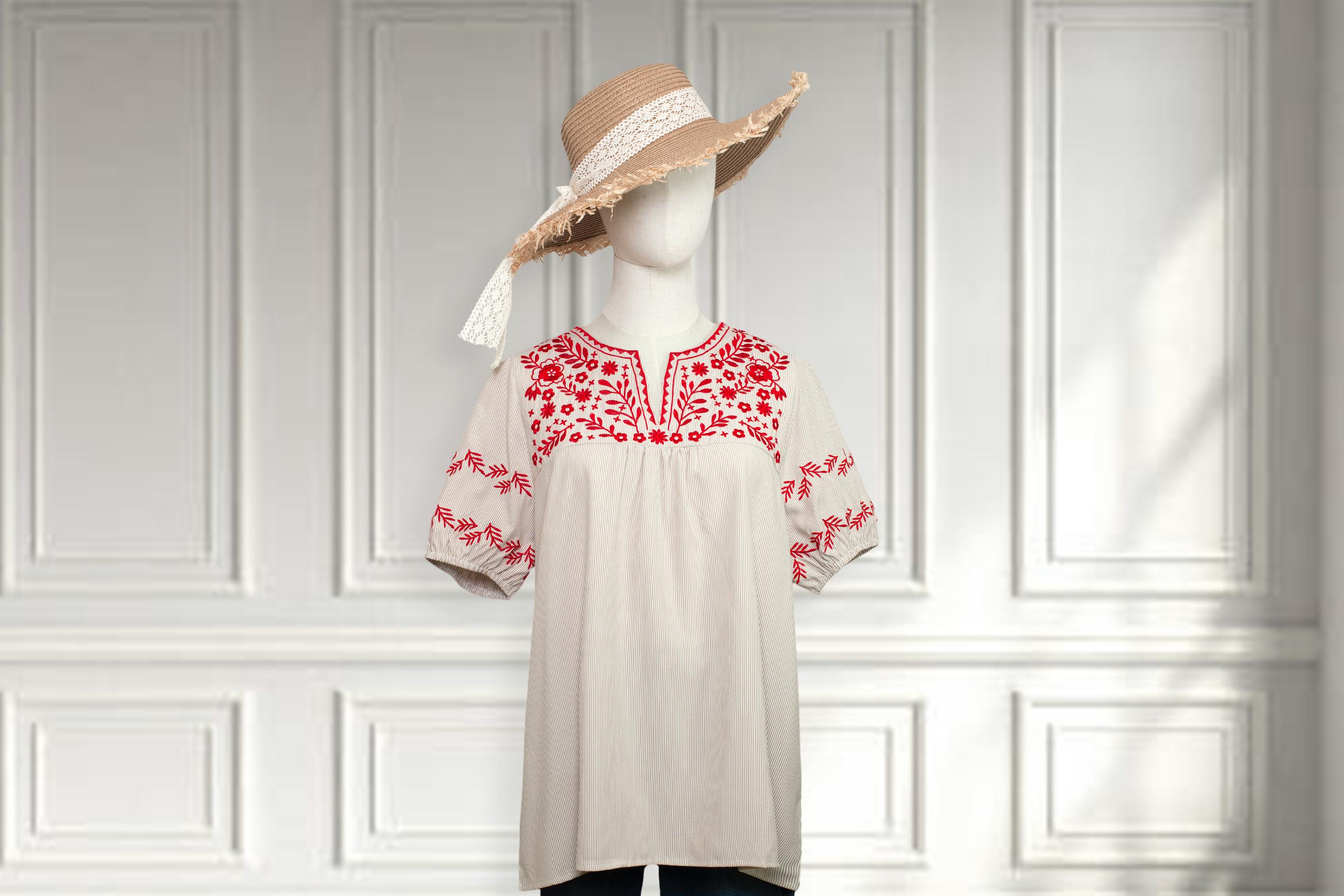 SageVell Boho Striped Blouse with Delicate Red Floral Embroidery, Puff Sleeves & Chic V - Neck, Feminine Cute Blouse Women's Top Shirts Medium