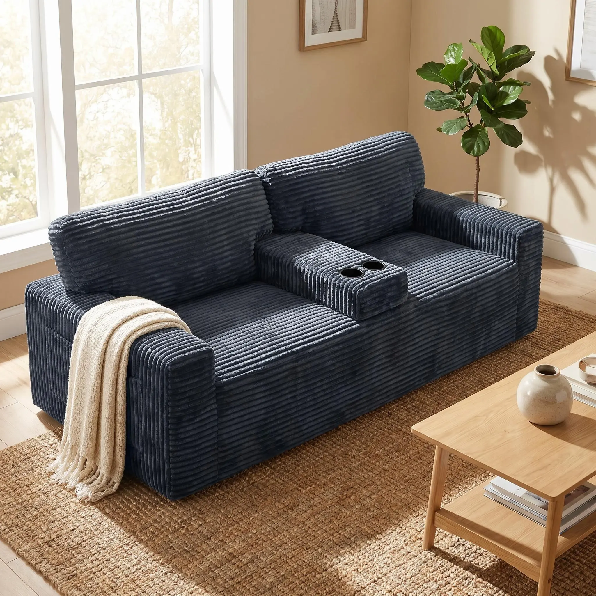 91.7 in No-Leg Compression Sofa, Plush Gray Corduroy 3-Seat Low-Profile Couch with Built-in Cup Holders and Side Storage Pocket for Living Room