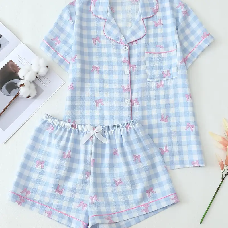 Women's Plaid & Bow Print Pyjama, Casual Comfy Short Sleeve Lapel Neck Pajama Top & Shorts PJ Set, Ladies Sleepwear for Spring & Fall, Pastel Cute Pajamas, Casual Home Nightwear, Womenswear