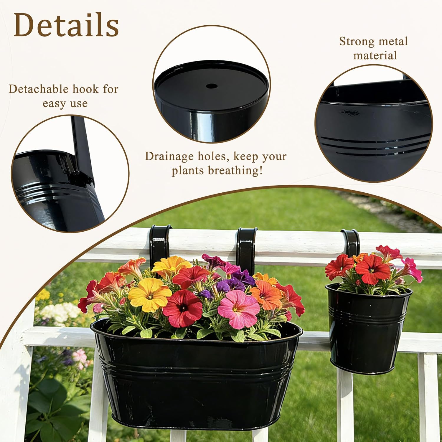 Set of 6 Balcony Planters, 2 count 17" Metal Railing Flower Pots & 2 count 12" Deck Planter & 2 count 4" Fence Pot for Outdoor Patio Garden Decor, Black Set of 6 Balcony Planters, 2 count 17" Metal Railing Flower Pots & 2 count 12" Deck Planter & 2 count 4" Fence Pot for Outdoor Patio Garden Decor, Black