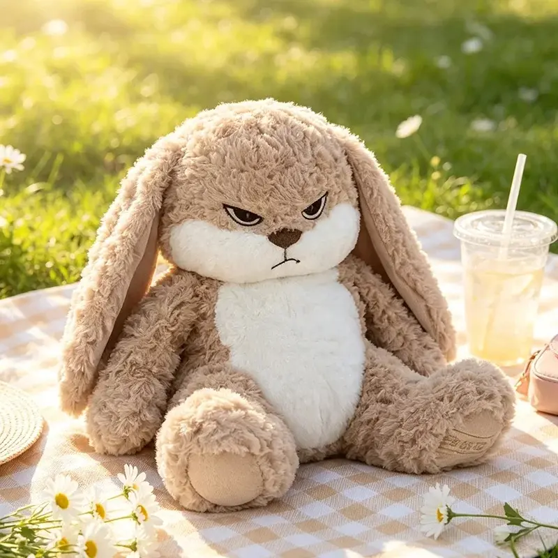 Cute Angry Bunny Plush Doll Long Ears Soft Stuffed Cartoon Rabbit Hug Pillow Bedroom Sofa Indoor Room Decoration Girlfriend Gift