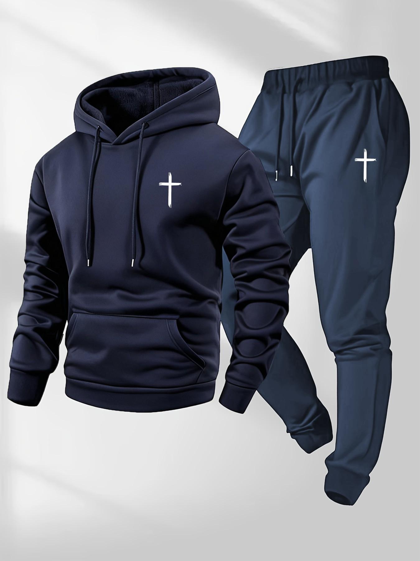 TikTok Trending Christian Streetwear Set, Black Long Fitted Hoodie & Pants with Cross Graphic Print, Perfect for Black Friday & Cyber Monday Deals, Ideal for Faith - Based Outfits During TikTok Shop Black Friday Sales and Christmas Gift Ideas