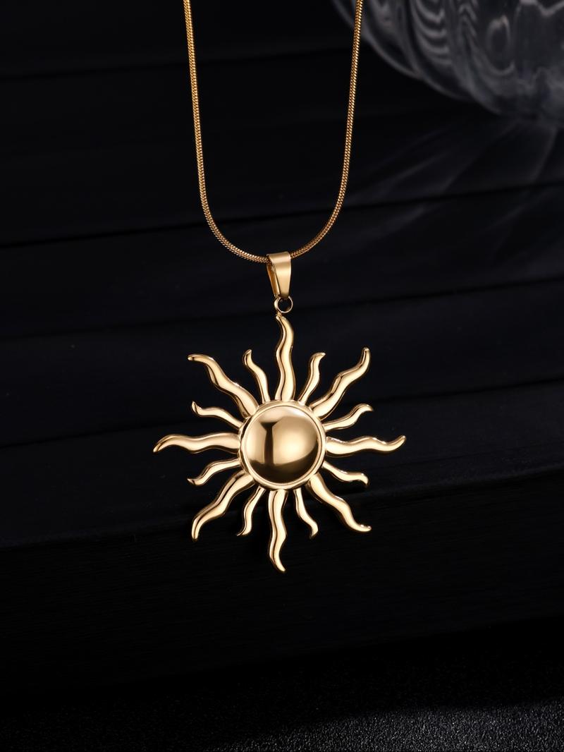 Stainless Steel Sun Pendant Necklace, Fashionable Chain, Elegant Rhinestone Design, Perfect for Daily Wear