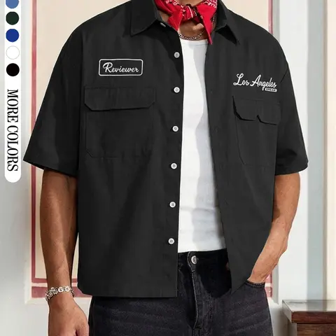 Men's Olive Pocket Short Sleeve Casual Unique Design, Letter Pattern, Loose Fit, All Seasons, Street Style, Daily Wear, Streetwear
