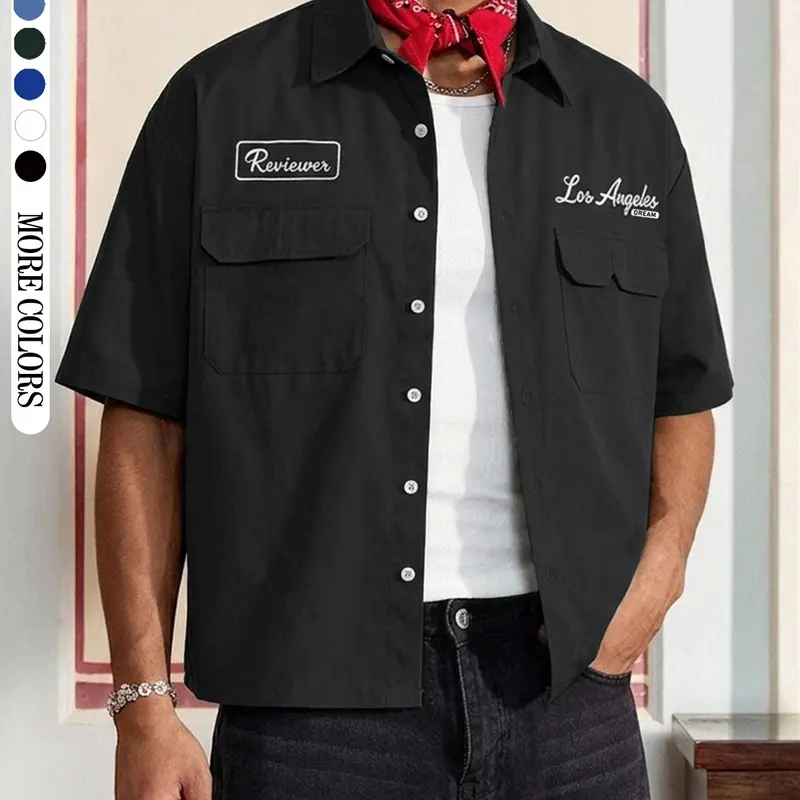 Men's Olive Pocket Short Sleeve Casual Unique Design, Letter Pattern, Loose Fit, All Seasons, Street Style, Daily Wear, Streetwear