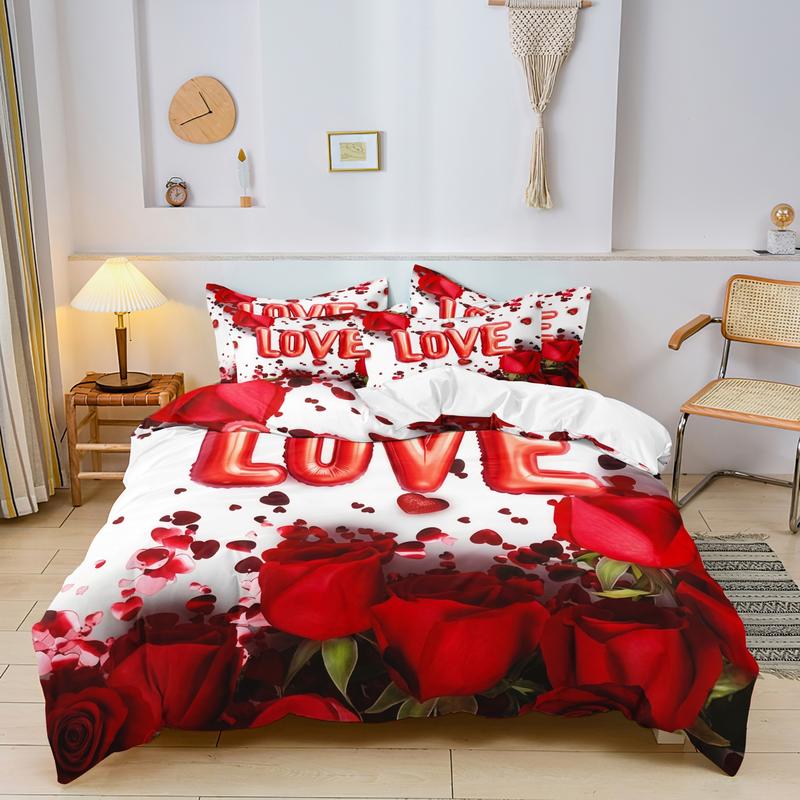 3 Counts/set Valentine's Day Love Letter Rose Pattern Duvet Cover Set including 1 Duvet Cover + 2 Pillowcases, Soft and Comfortable Decorative Bedding for Bedroom or Guest Room, Without Comforter