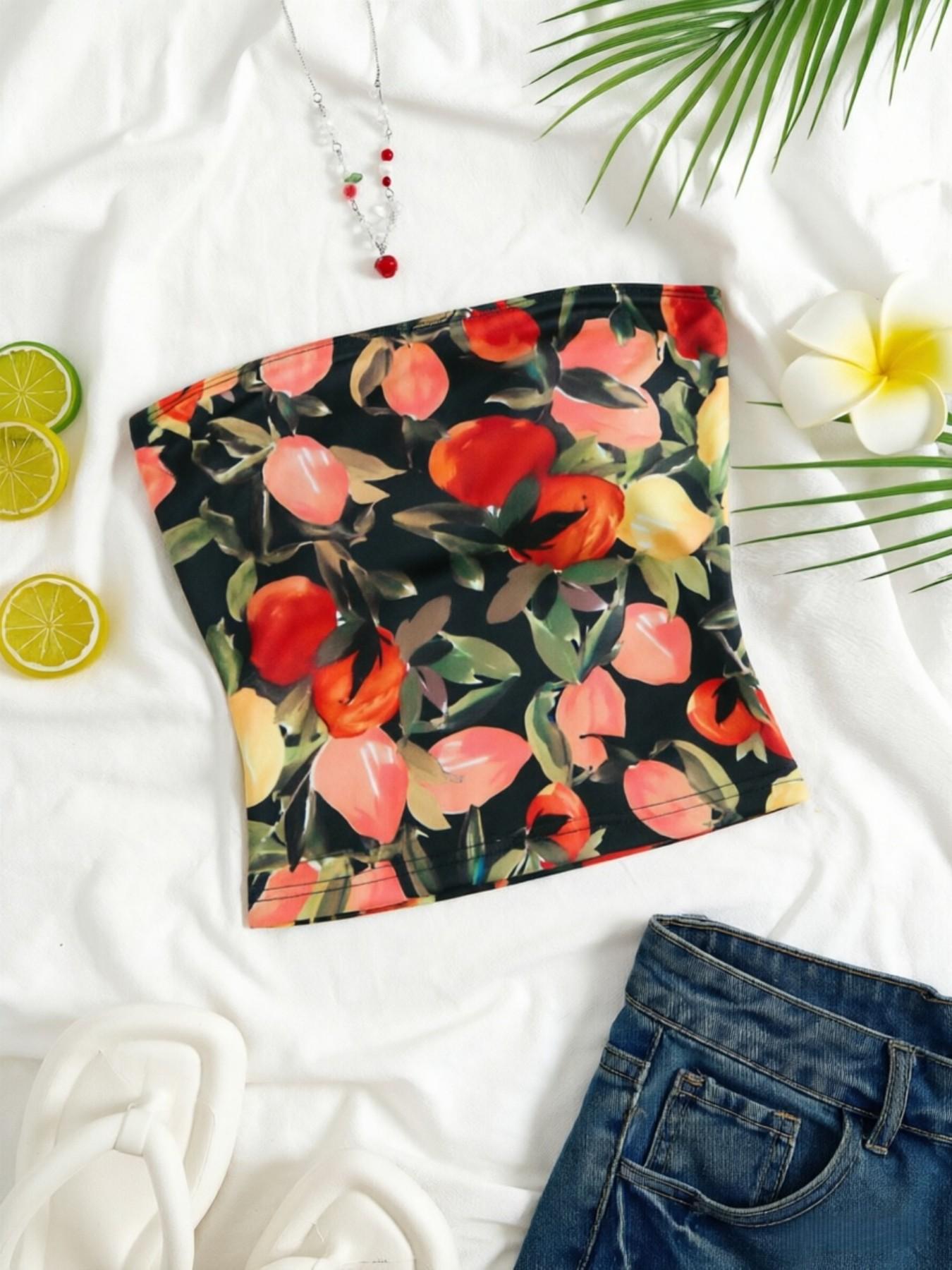 Three-Piece Summer Women's Fruit Print Strapless Short Top, Sexy Off-Shoulder Short Top, Vintage Lemon Peach Pattern Slim Fit Tube Top